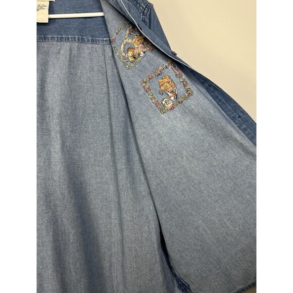 Vintage Womens Denim Shirt Sz XL Button Up Top Embroidered Garden Short Sleeve - Picture 9 of 12